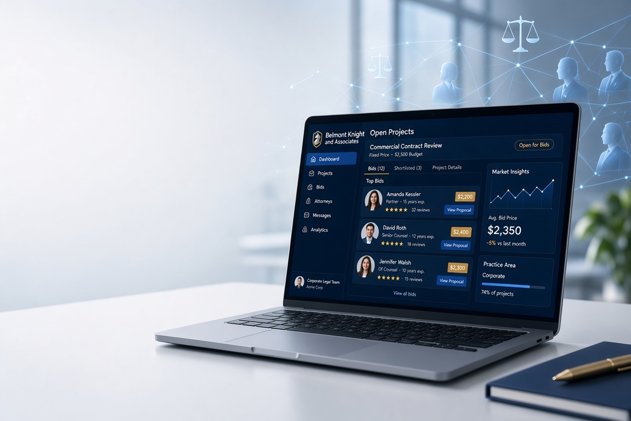 Belmont Knight open-projects dashboard showing three attorneys competing with fee proposals on a commercial contract review
